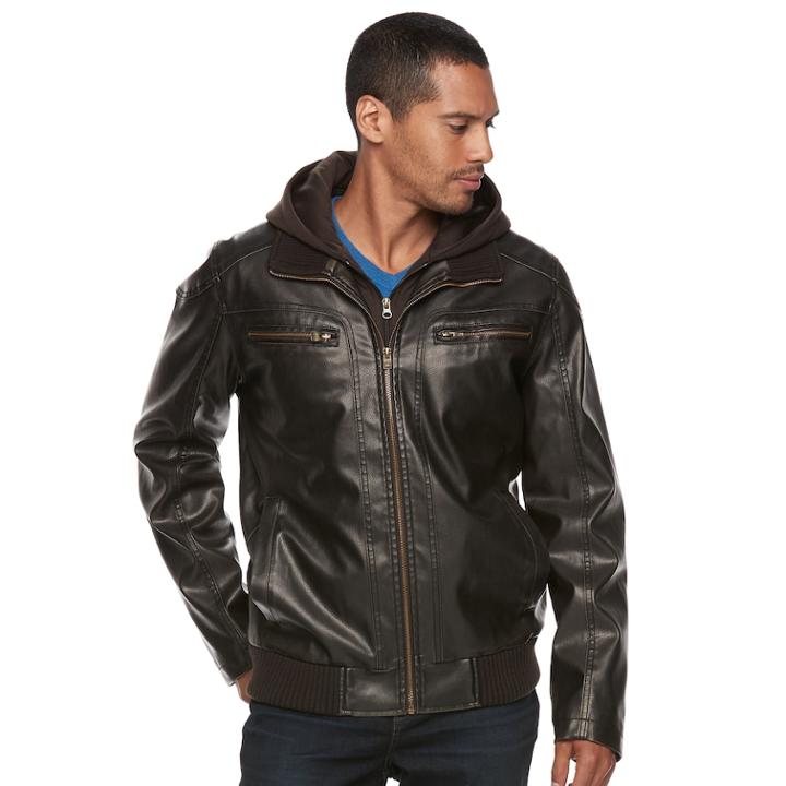 Men's Xray Faux-leather Hooded Moto Jacket, Size: Medium, Brown
