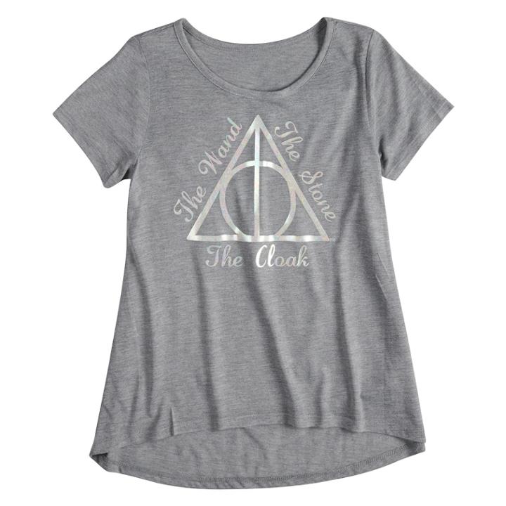 Girls 7-16 Harry Potter The Wand The Stone The Cloak Symbol Graphic Tee, Size: Small, Med Grey