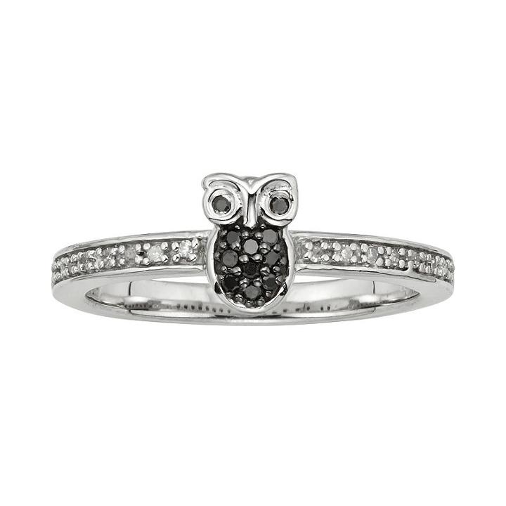 Sterling Silver 1/10-ct. T.w. Black And White Diamond Owl Ring, Women's, Size: 7