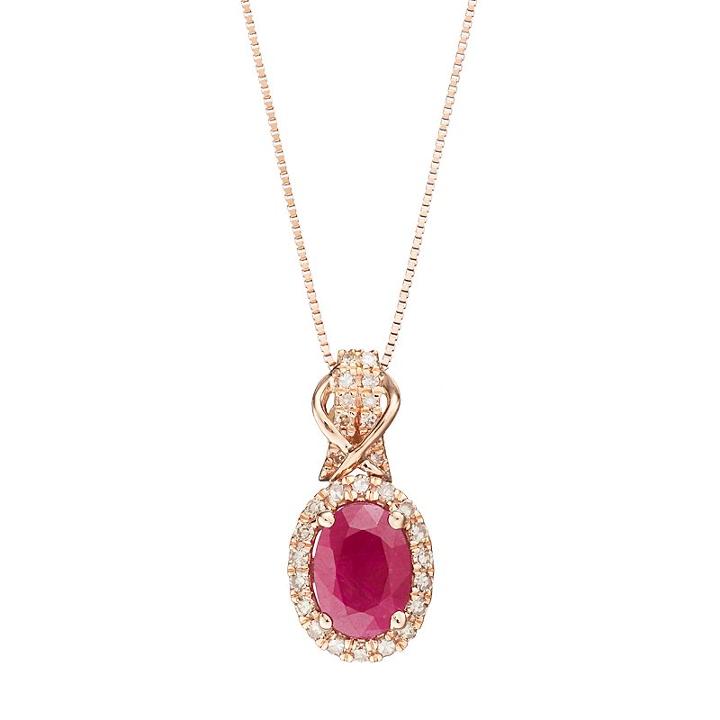 10k Rose Gold Ruby & 1/6 Carat T.w. Diamond Halo Pendant Necklace, Women's, Size: 18, Red