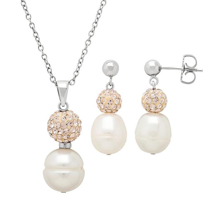 Freshwater By Honora Freshwater Cultured Pearl & Crystal Sterling Silver Pendant Necklace & Drop Earring Set, Women's, Size: 18, Pink