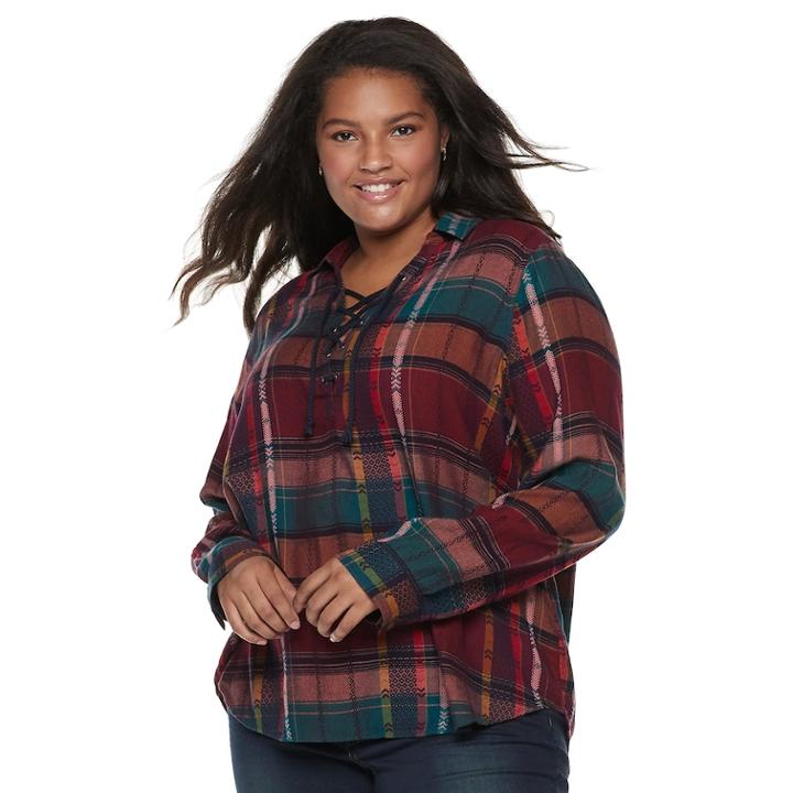 Juniors' Plus Size Mudd&reg; Plaid Lace-up Flannel Shirt, Teens, Size: 1xl, Drk Purple