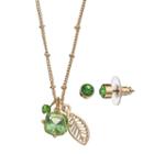Green Leaf Charm Necklace & Stud Earring Set, Women's