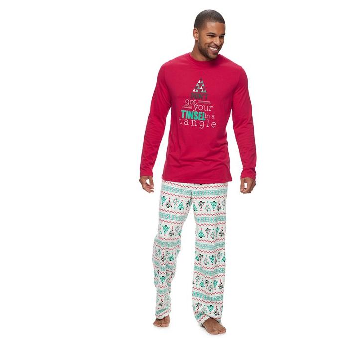 Big & Tall Jammies For Your Families Don't Get Your Tinsel In A Tangle Top & Fleece Bottoms Pajama Set, Men's, Size: L Tall, White