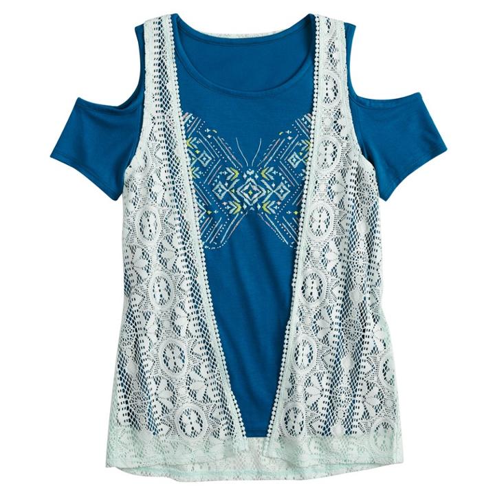 Girls 7-16 & Plus Size Mudd&reg; Cold Shoulder Graphic Print Tee & Crochet Vest Set, Size: 20 1/2, Dark Blue