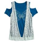 Girls 7-16 & Plus Size Mudd&reg; Cold Shoulder Graphic Print Tee & Crochet Vest Set, Size: 20 1/2, Dark Blue