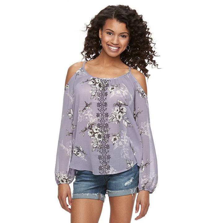Juniors' Rewind Embroidered Print Cold-shoulder Top, Girl's, Size: Large, Blue Other