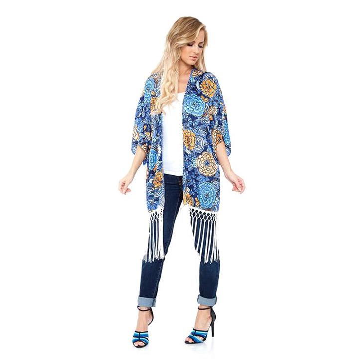White Mark Print Fringe Open-front Kimono - Women's, Blue