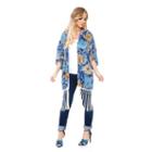 White Mark Print Fringe Open-front Kimono - Women's, Blue