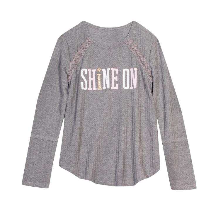 Girls 7-16 Harper & Elliott Lace Trim Textured Graphic Tee, Size: Large, Grey (charcoal)