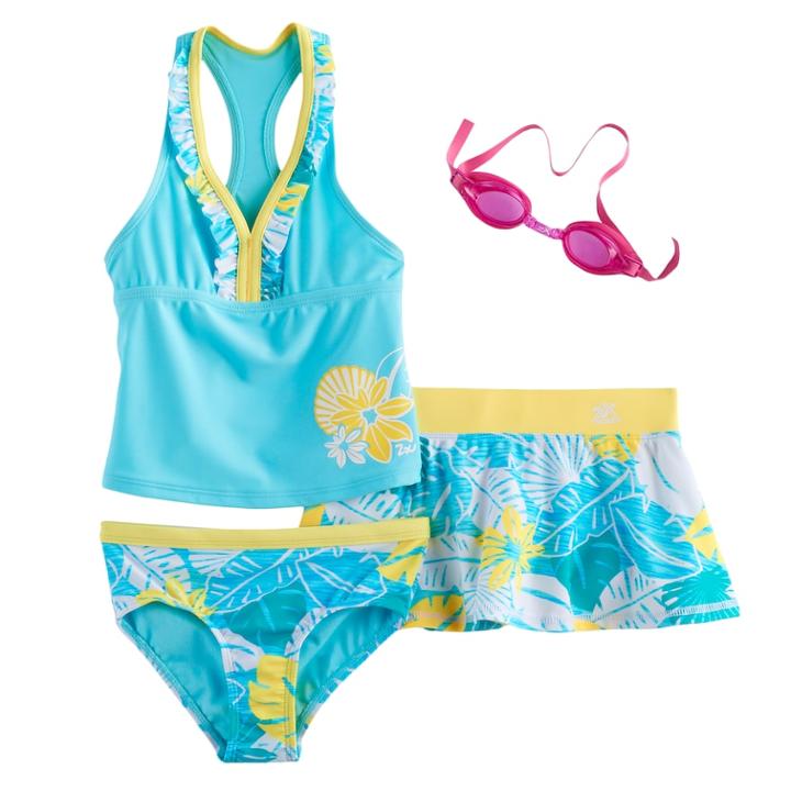 Girls 4-6x Zeroxposur Tankini Top, Bottoms & Tropical Flower Skirt Swimsuit Set, Size: 5-6, Green