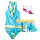 Girls 4-6x Zeroxposur Tankini Top, Bottoms & Tropical Flower Skirt Swimsuit Set, Size: 5-6, Green