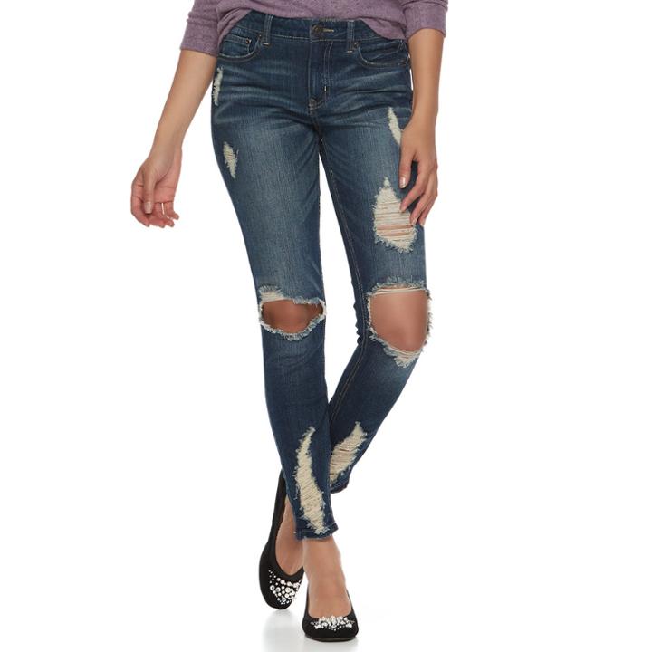 Juniors' Almost Famous Destructed Skinny Jeans, Teens, Size: 9, Dark Blue
