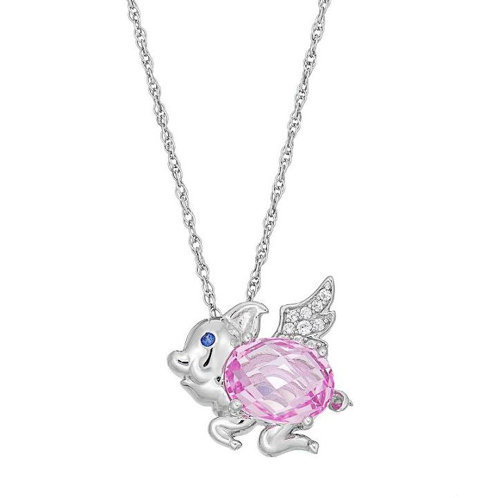Sterling Silver Lab-created Pink, White & Blue Sapphire Flying Pig Pendant, Women's, Size: 18
