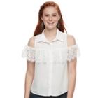 Juniors' Love Fire Lace Ruffle Cold-shoulder Blouse, Teens, Size: Xs, White