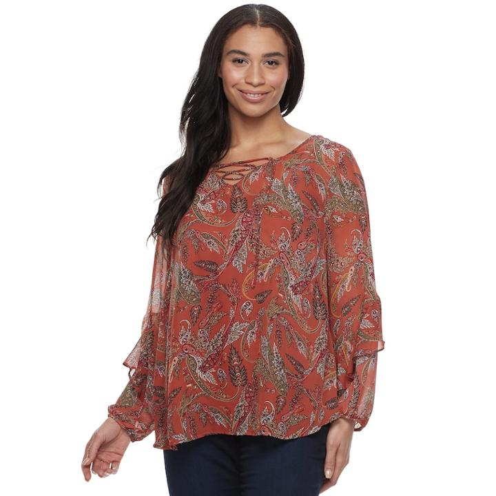 Plus Size Apt. 9&reg; Paisley Printed Lace-up Top, Women's, Size: 2xl, Rust Jacquard