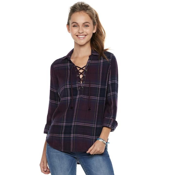 Juniors' Mudd® Lace-up Plaid Flannel Shirt, Teens, Size: Large, Drk Purple