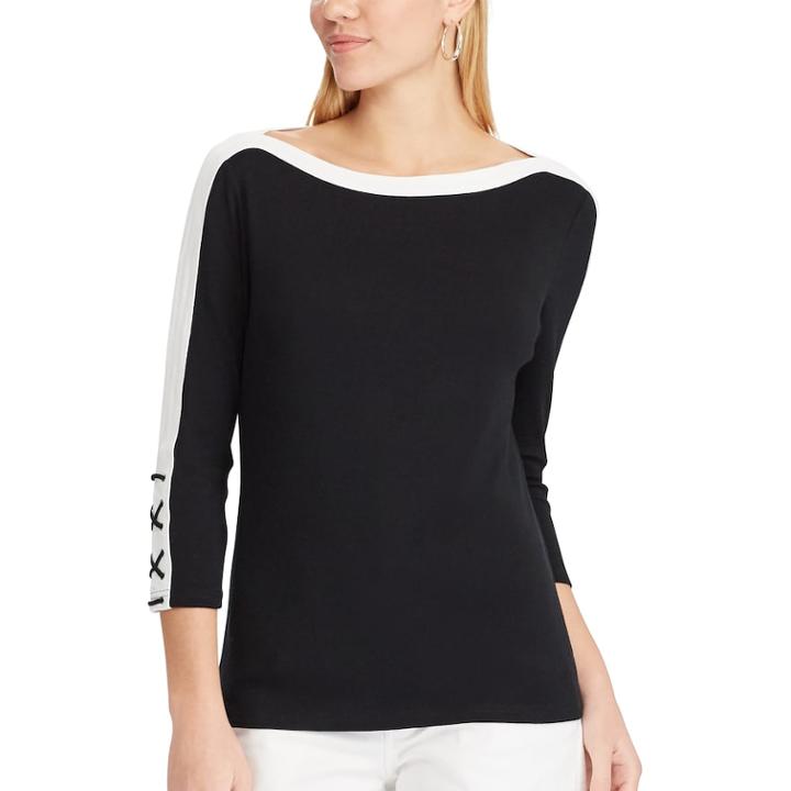 Petite Chaps Lace-up Sleeve Boatneck Top, Women's, Size: M Petite, Black