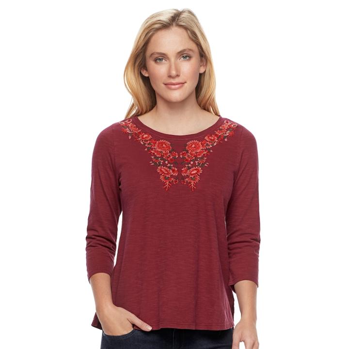 Petite Sonoma Goods For Life&trade; Embroidered Tee, Women's, Size: S Petite, Dark Red