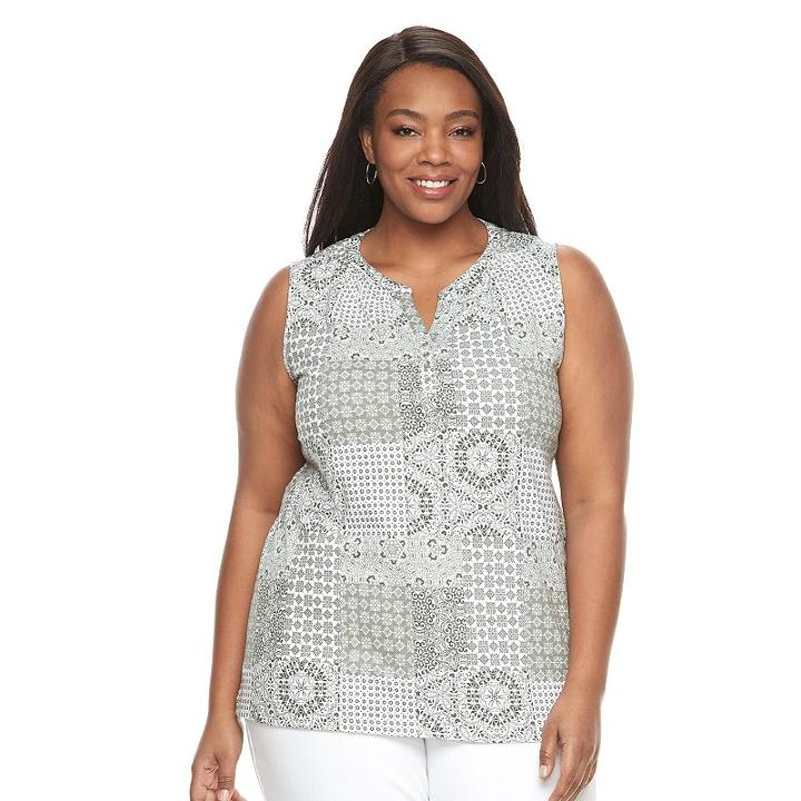 Plus Size Croft & Barrow&reg; Printed Splitneck Tank, Women's, Size: 2xl, Green