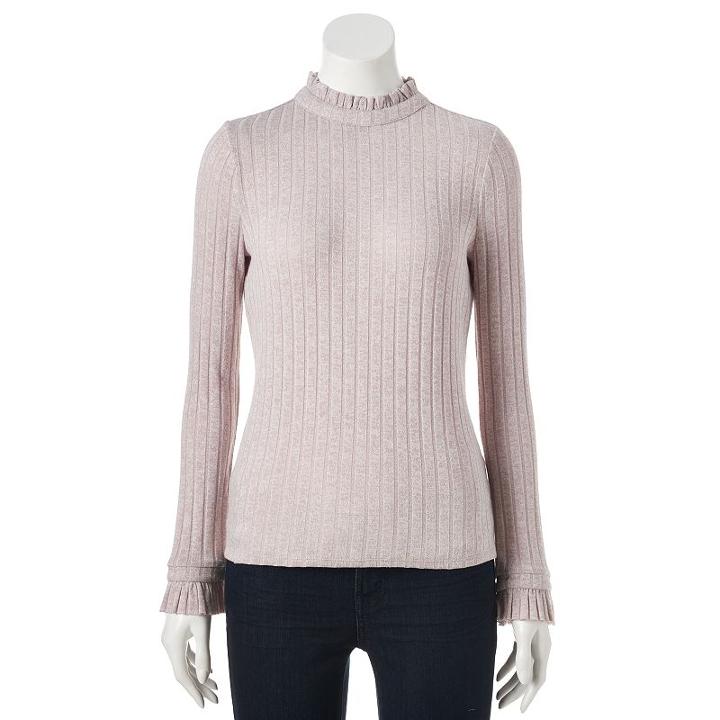 Women's Lc Lauren Conrad Ribbed Ruffle Top, Size: Small, Lt Beige