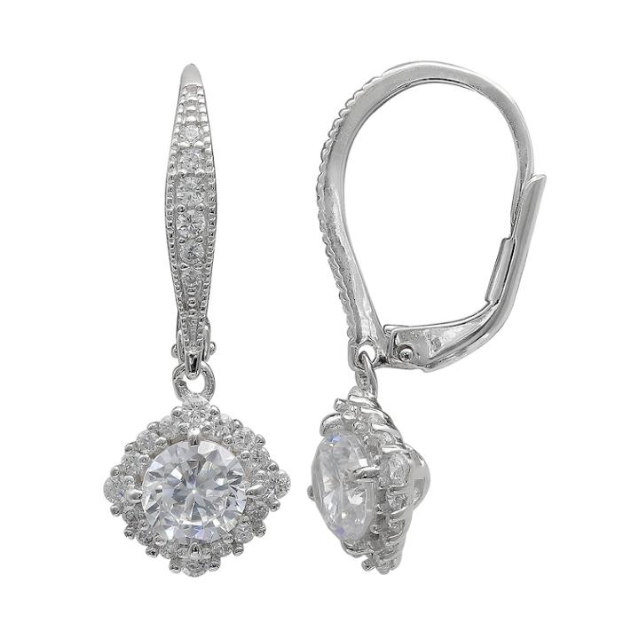 Primrose Sterling Silver Cubic Zirconia Square Halo Leverback Earrings, Women's, White