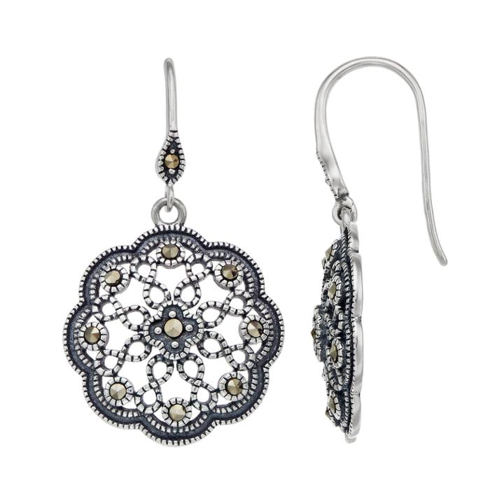 Tori Hill Sterling Silver Marcasite Filigree Drop Earrings, Women's, Black