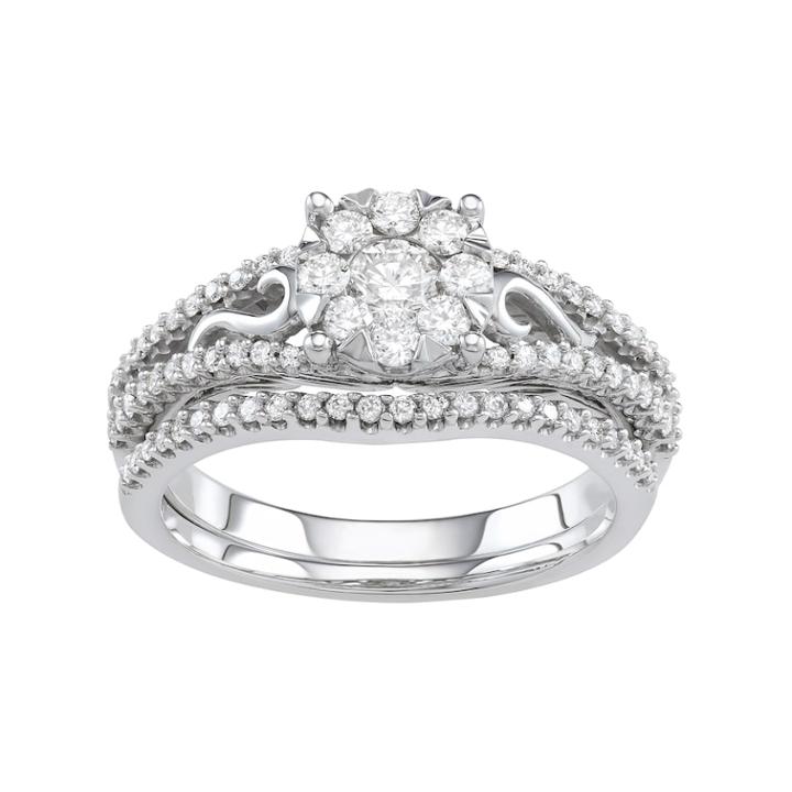 Boston Bay Diamonds 10k White Gold 3/4 Carat T.w. Diamond Cluster Engagement Ring Set, Women's, Size: 7