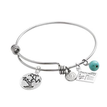 Love This Life Stainless Steel And Silver-plated Simulated Turquoise Friends World Charm Bangle Bracelet, Women's, Turq/aqua