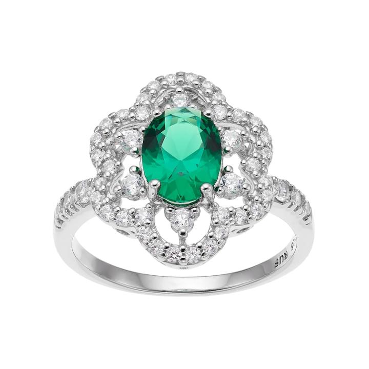 Sterling Silver Simulated Emerald & Cubic Zirconia Flower Ring, Women's, Size: 8, Green