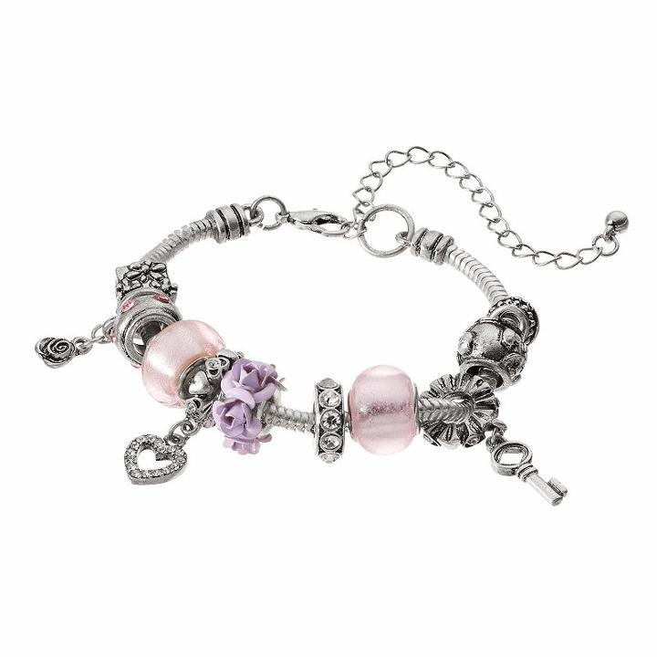 Purple Flower, Heart & Key Charm Bracelet, Women's
