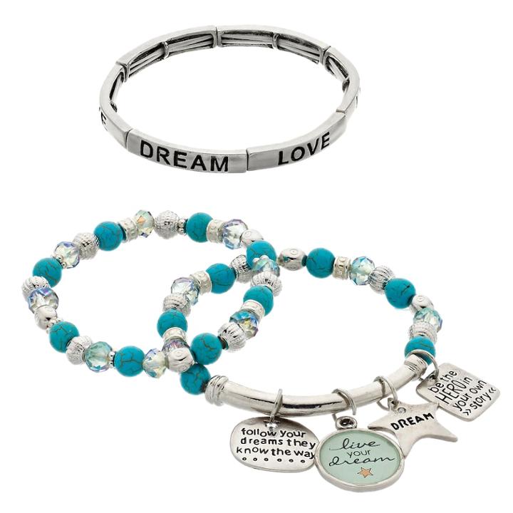 Live Your Dream Stretch Bracelet Set, Women's, Turq/aqua