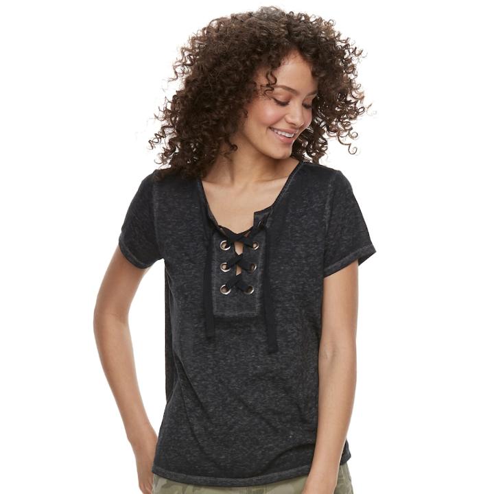 Juniors' Cloud Chaser Lace-up Short Sleeve Tee, Teens, Size: Small, Grey