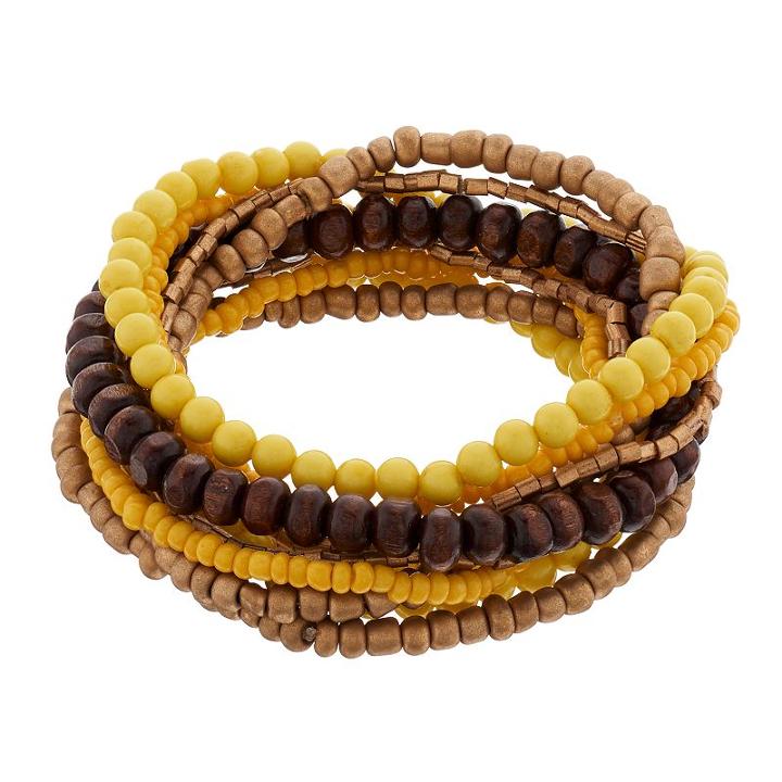 Yellow & Wooden Bead Stretch Bracelet Set, Women's, Med Yellow