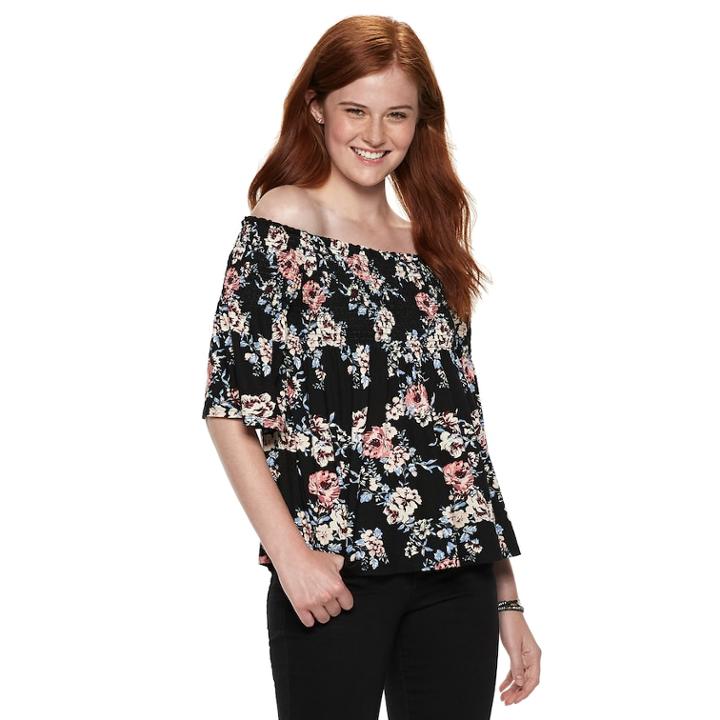 Juniors' Rewind Printed Smocked Off-the-shoulder Top, Teens, Size: Xs, Black
