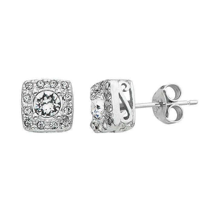 Diamond Essence Crystal & Diamond Accent Sterling Silver Square Halo Stud Earrings - Made With Swarovski Crystals, Women's, White