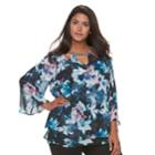 Plus Size Jennifer Lopez Embellished Triple Cut-out 3/4-sleeve Floral Top, Women's, Size: 1xl, Blue (navy)