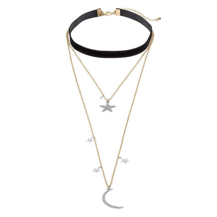 Mudd&reg; Star & Crescent Moon Pendant Layered Choker Necklace, Women's, Black