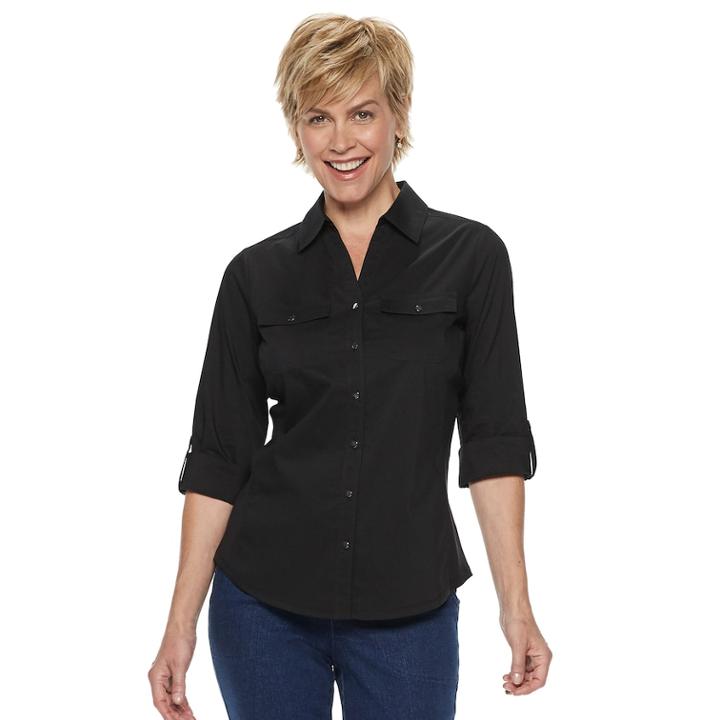 Women's Croft & Barrow&reg; Knit-to-fit Roll-tab Shirt, Size: Large, Mineral Black