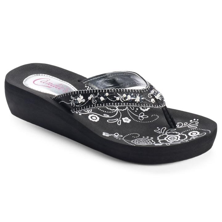 Candie's&reg; Women's Floral Simulated Pearl Wedge Flip-flops, Size: Large, Black