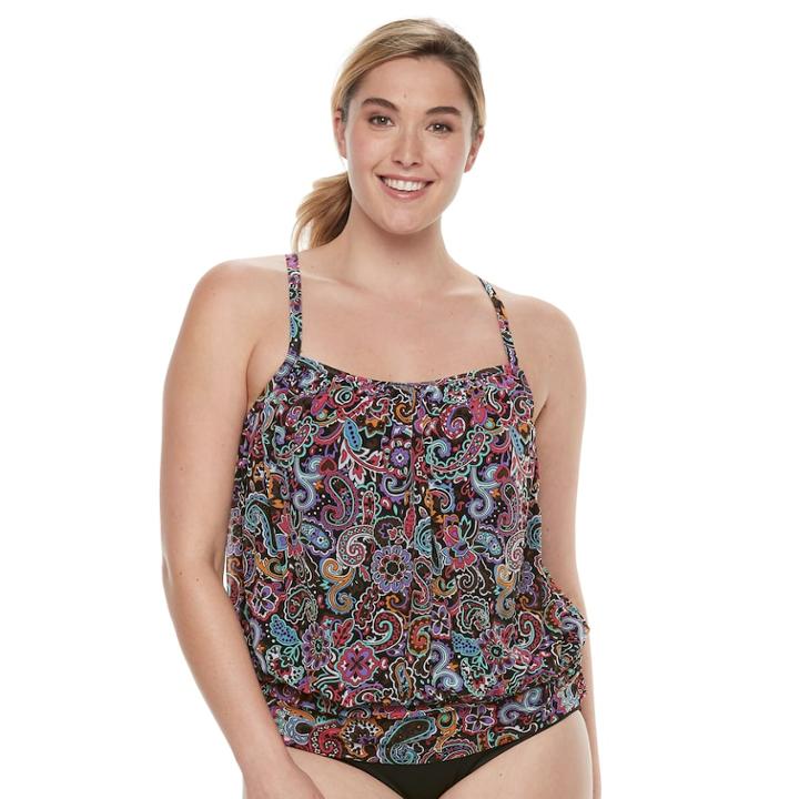 Plus Size A Shore Fit Tummy Slimmer Mesh Blouson Tankini Top, Women's, Size: 24 W, Drk Orange