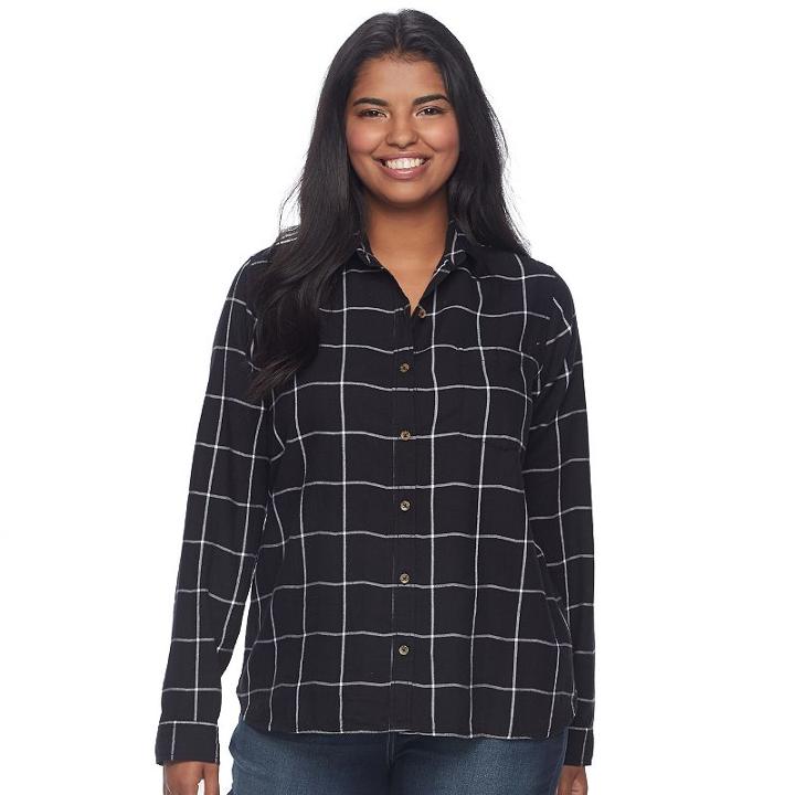 Juniors' Plus Size So&reg; Pocket Plaid Flannel Shirt, Teens, Size: 3xl, Black