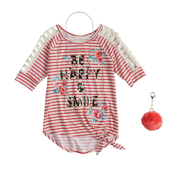 Girls 7-16 & Plus Size Self Esteem Striped Raglan Top Set With Necklace & Pom Keychain, Size: Medium, Pink