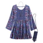 Girls 7-16 Knitworks Floral Bell Sleeve Boho Tiered Dress With Fringe Crossbody Cell Phone Purse & Necklace, Girl's, Size: 10, Med Blue