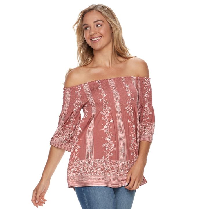 Juniors' Rewind Printed Smocked Off-the-shoulder Top, Teens, Size: Small, Dark Red