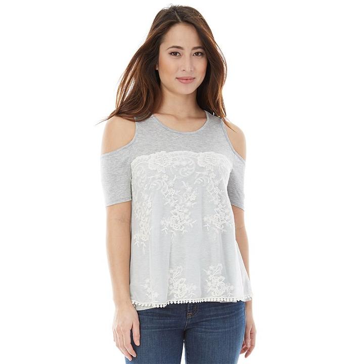 Juniors' Iz Byer California Lace Cold-shoulder Top, Girl's, Size: Medium, Light Grey