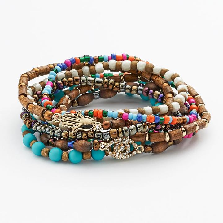 Mudd&reg; Gold Tone Simulated Crystal Evil Eye And Hamsa Link Bead Stretch Bracelet Set, Women's, Multicolor