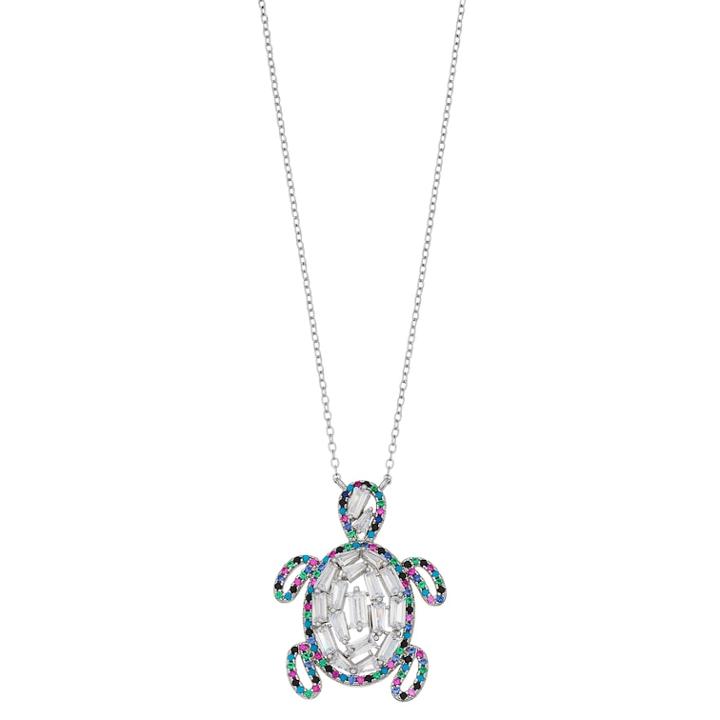Sterling Silver Multicolored Cubic Zirconia Turtle Pendant Necklace, Women's, White