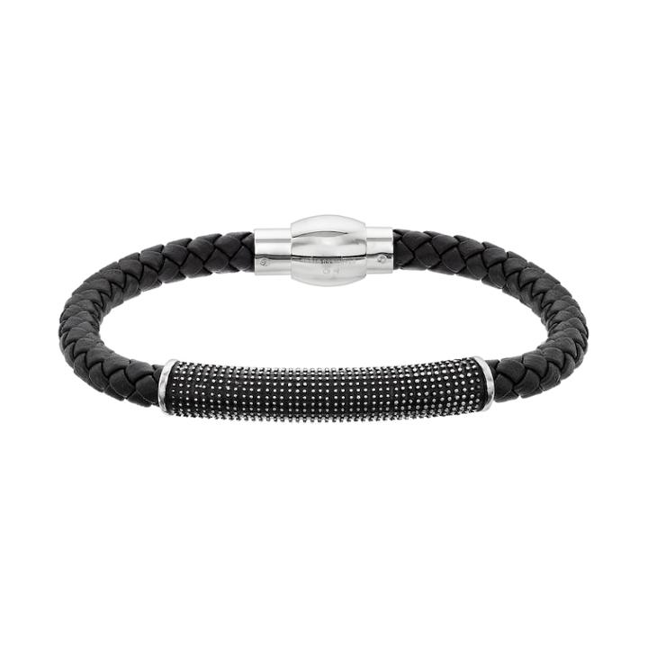 Lynx Men's Textured Bar Black Leather Bracelet, Size: 8.5