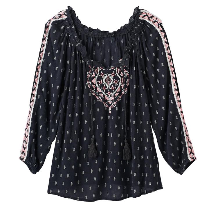 Girls Plus Size Mudd&reg; 3/4-length Cold Shoulder Embroidered Peasant Top, Size: 14 1/2, Black